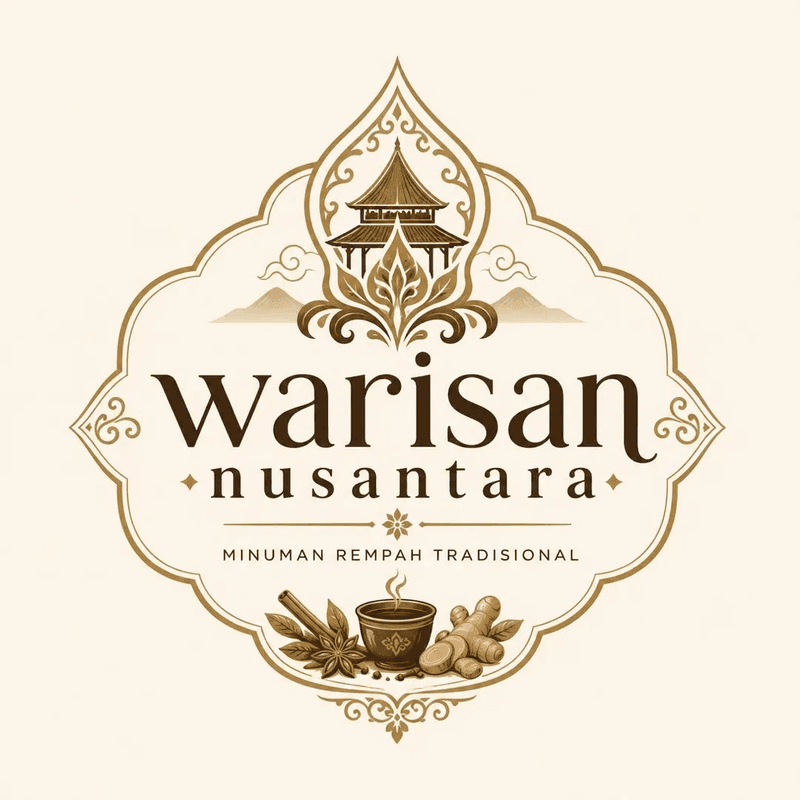 Emblem Warisan Nusantara dengan pendopo, gunung, dan rempah